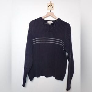 J. Crew 100% Cotton Navy and White Stripe Knit Heavyweight V Neck Sweater Sz XL